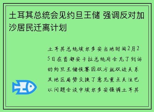 土耳其总统会见约旦王储 强调反对加沙居民迁离计划