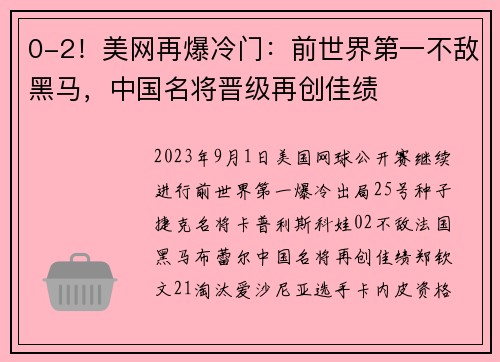 0-2！美网再爆冷门：前世界第一不敌黑马，中国名将晋级再创佳绩