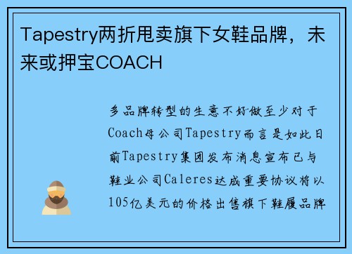 Tapestry两折甩卖旗下女鞋品牌，未来或押宝COACH