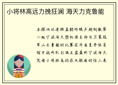 小将林高远力挽狂澜 海天力克鲁能