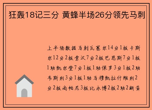 狂轰18记三分 黄蜂半场26分领先马刺