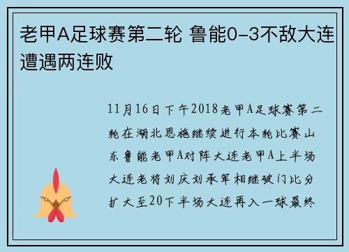 老甲A足球赛第二轮 鲁能0-3不敌大连遭遇两连败