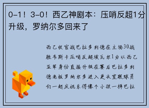 0-1！3-0！西乙神剧本：压哨反超1分升级，罗纳尔多回来了