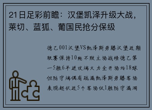 21日足彩前瞻：汉堡凯泽升级大战，莱切、蓝狐、葡国民抢分保级