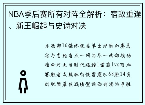 NBA季后赛所有对阵全解析：宿敌重逢、新王崛起与史诗对决